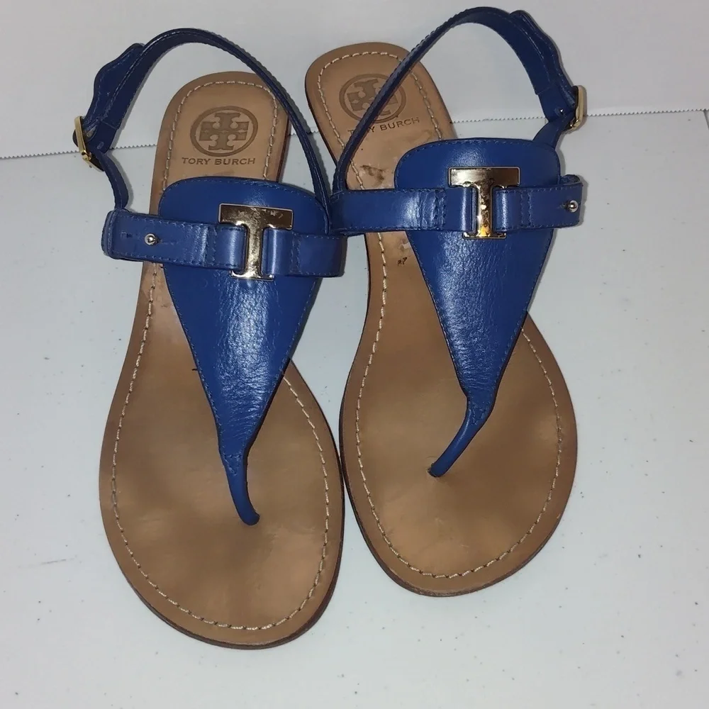 Tory Burch Women’s Leather wedges Royal Blue  Gold Buckles size 10.5